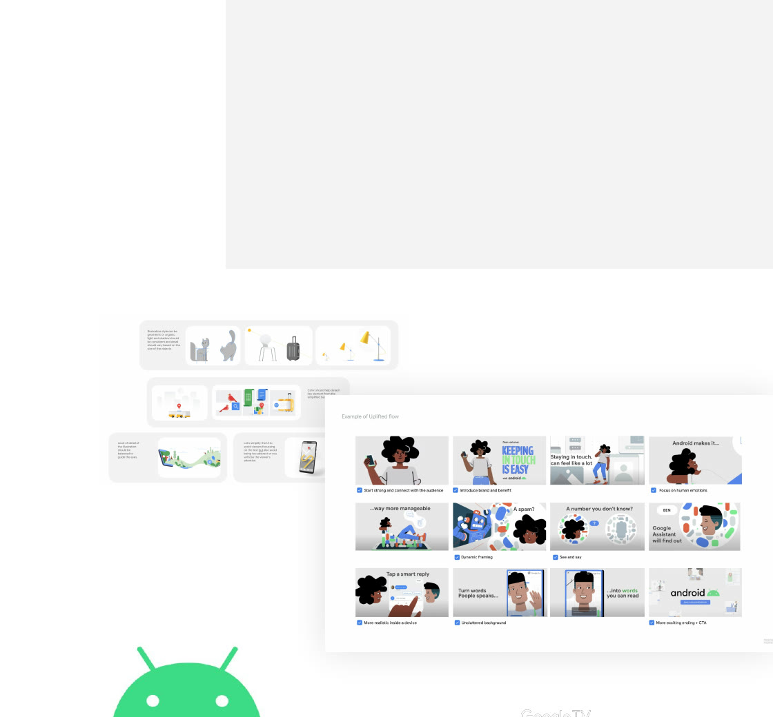 Android Spotlight video system with storyboard frames, graphic templates, and character animation examples