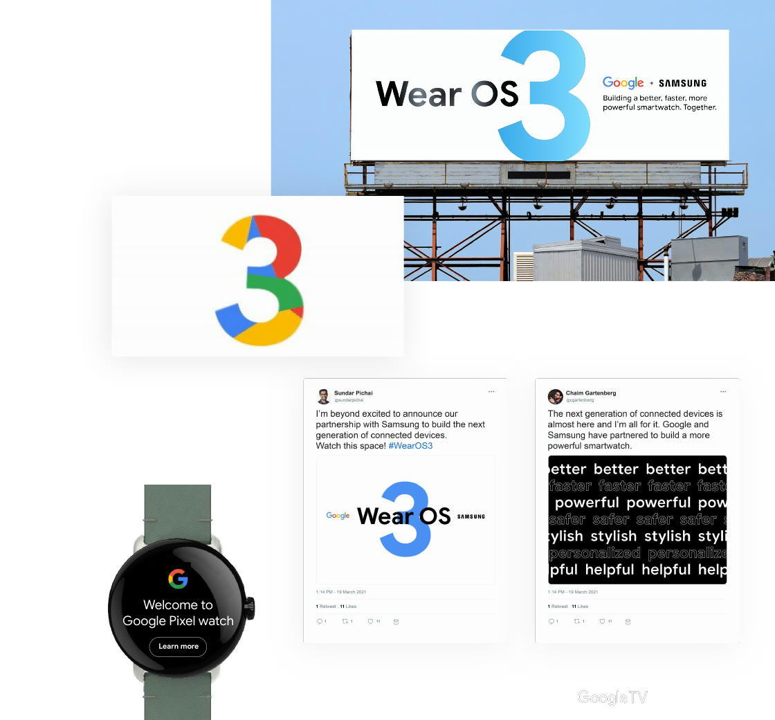 Wear OS 3 co-branding concepts across a billboard, watch interface, social posts, and announcement graphics