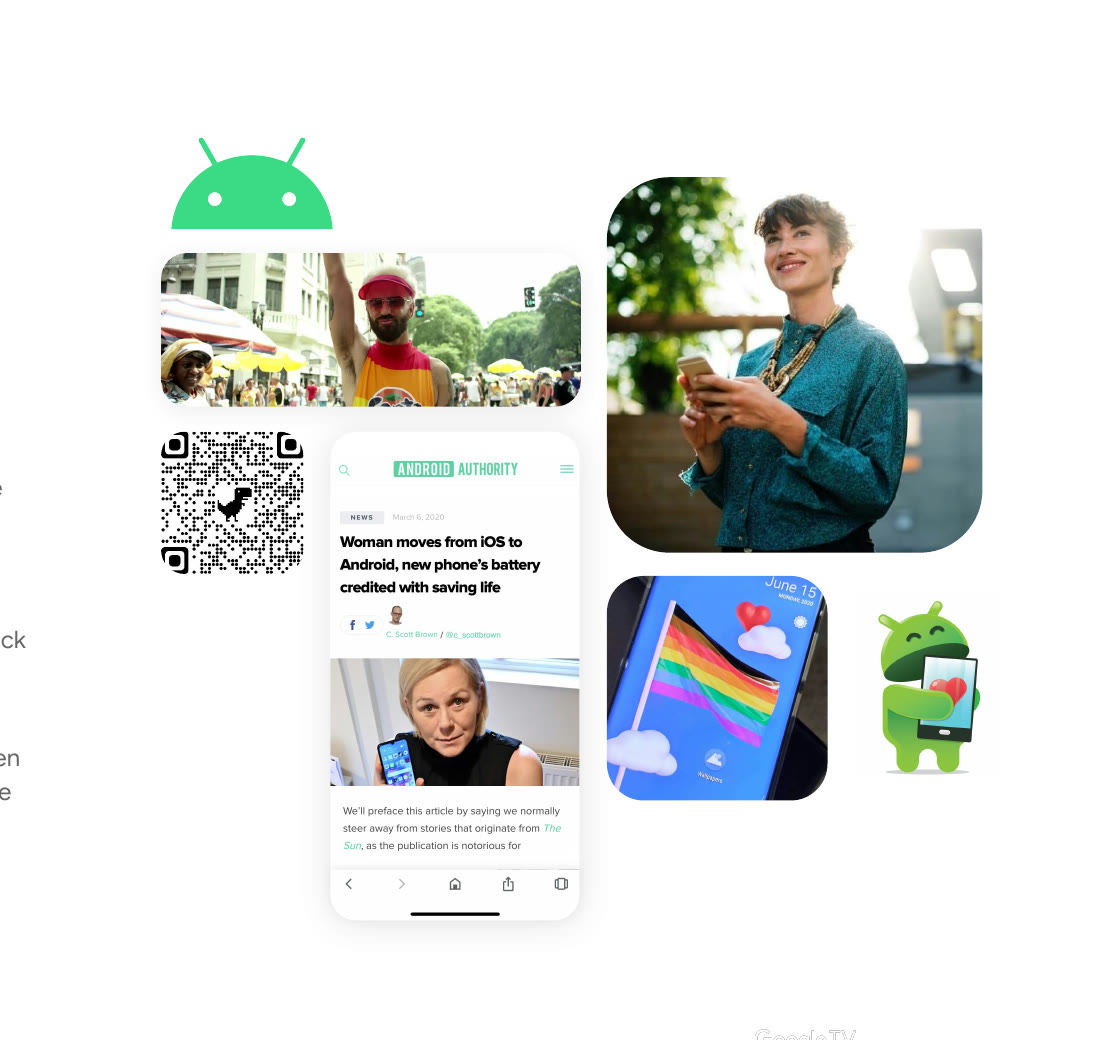 Android global campaign concept collage with people, phones, editorial content, and the Android character